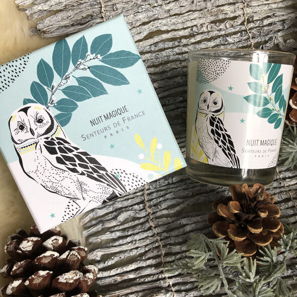 bougie parfum de Grasse épices dans coffret Senteurs de France hibou