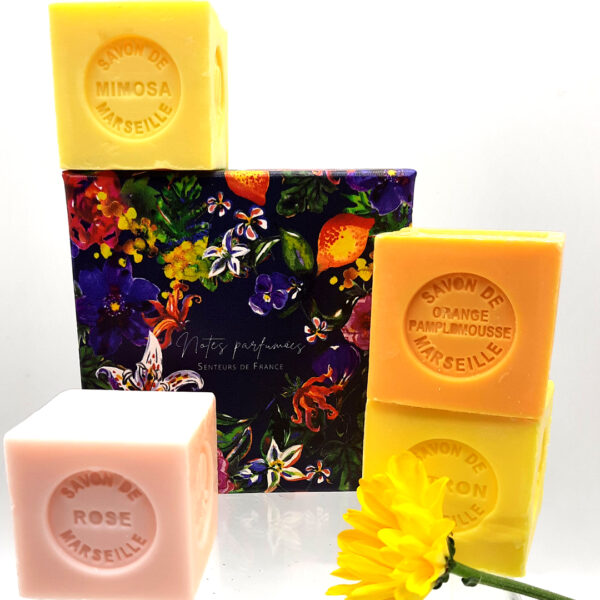 coffret savonnettes mimosa, orange-pamplemousse, citron, rose