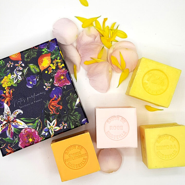 coffret savonnettes mimosa, orange-pamplemousse, citron, rose