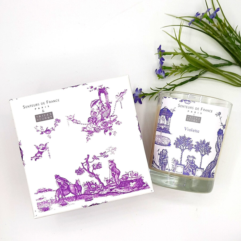 Bougie parfumée violette cire végétale coffret toiles de Jouy